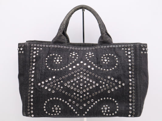 PRADA Canvas Canapa Tote #M Black Beaded Studs Tote Bag