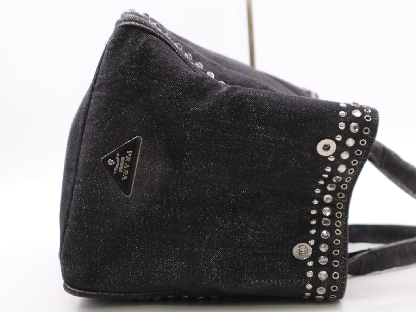 PRADA Canvas Canapa Tote #M Black Beaded Studs Tote Bag