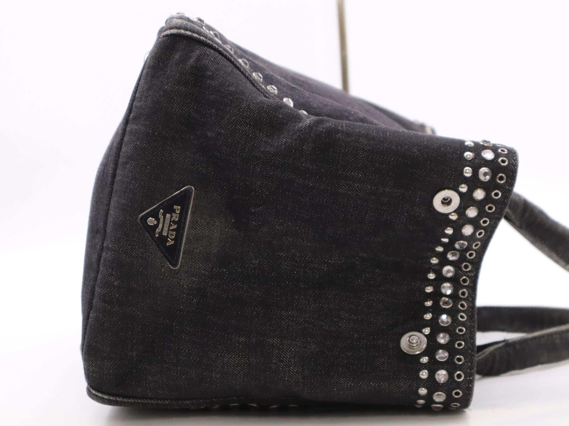 PRADA Canvas Canapa Tote #M Black Beaded Studs Tote Bag