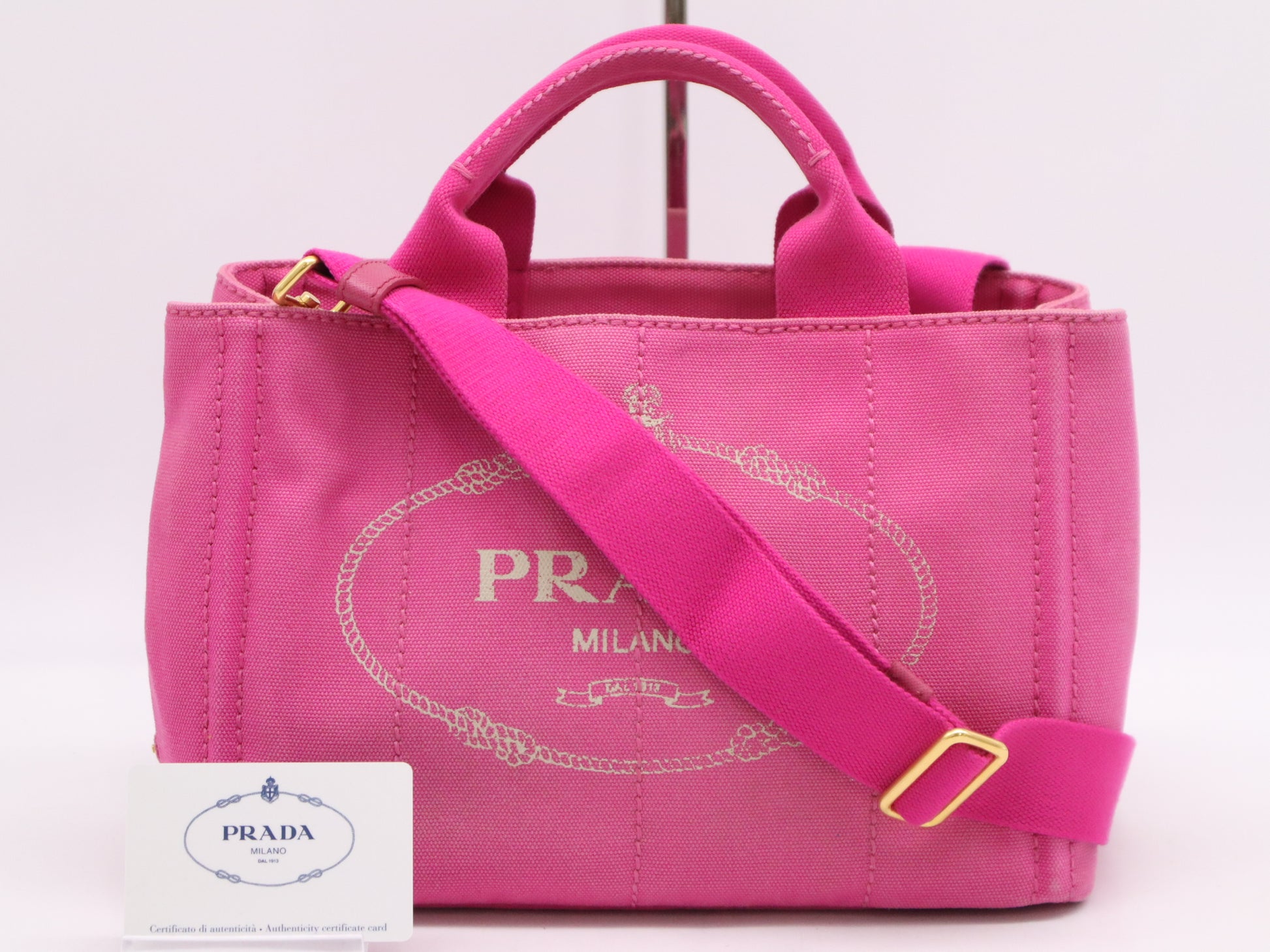PRADA Canvas Canapa Tote #MINI FUXIA Pink with Shoulder Strap and Guarantee Card