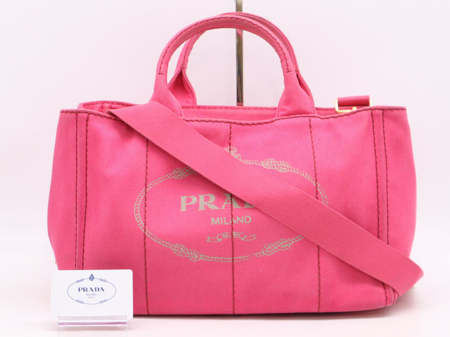 PRADA Canvas Canapa Tote #M Pink with GD Hardware, Shoulder Strap, and Guarantee Card