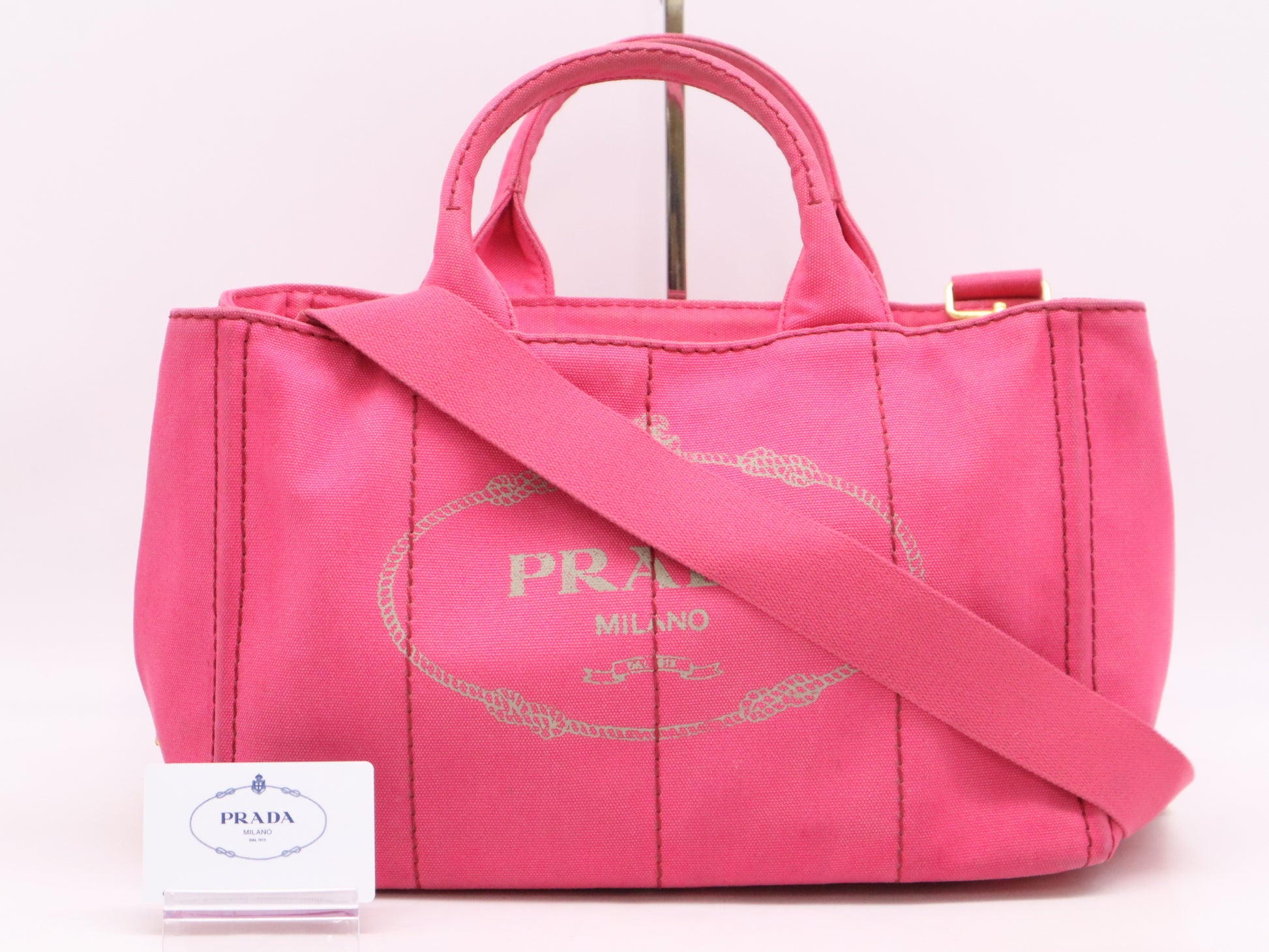 PRADA Canvas Canapa Tote #M Pink with GD Hardware, Shoulder Strap, and Guarantee Card