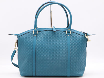GUCCI 449657 Leather Micro Guccissima 2-Way Bag with Shoulder Strap, Turquoise Tote Bag