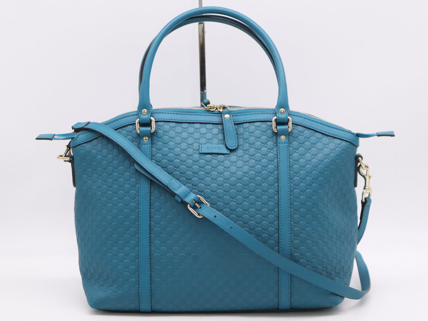 GUCCI 449657 Leather Micro Guccissima 2-Way Bag with Shoulder Strap, Turquoise Tote Bag