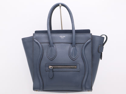 CELINE S-SA-0182 Leather Luggage Micro Shopper Handbag Blue Handbag