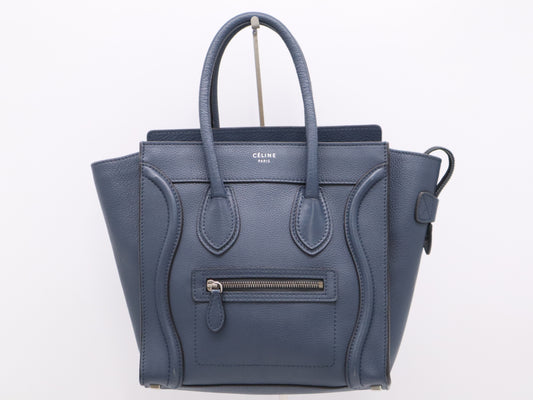 CELINE S-SA-0182 Leather Luggage Micro Shopper Handbag Blue Handbag