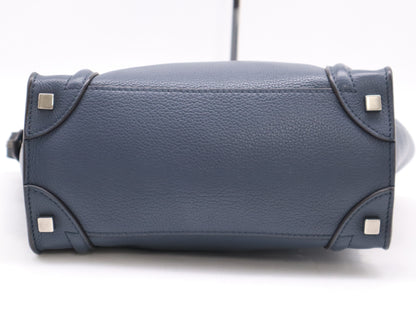 CELINE S-SA-0182 Leather Luggage Micro Shopper Handbag Blue Handbag