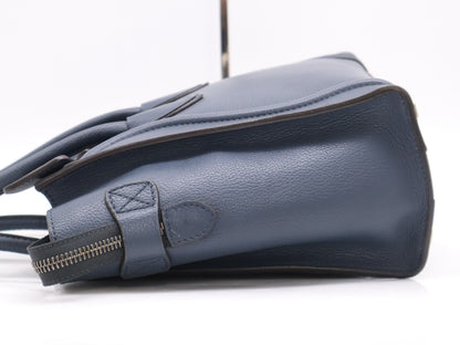 CELINE S-SA-0182 Leather Luggage Micro Shopper Handbag Blue Handbag