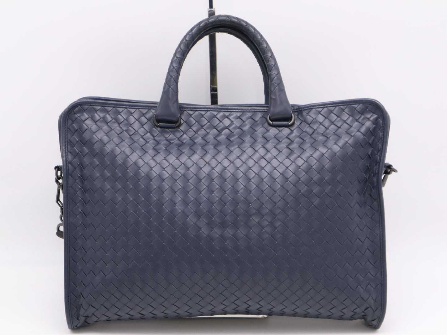 BOTTEGA VENETA Leather Intrecciato Business Bag, Blue, with Shoulder Strap