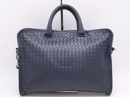 BOTTEGA VENETA Leather Intrecciato Business Bag, Blue, with Shoulder Strap