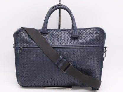 BOTTEGA VENETA Leather Intrecciato Business Bag, Blue, with Shoulder Strap