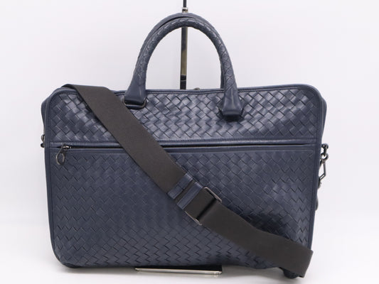 BOTTEGA VENETA Leather Intrecciato Business Bag, Blue, with Shoulder Strap