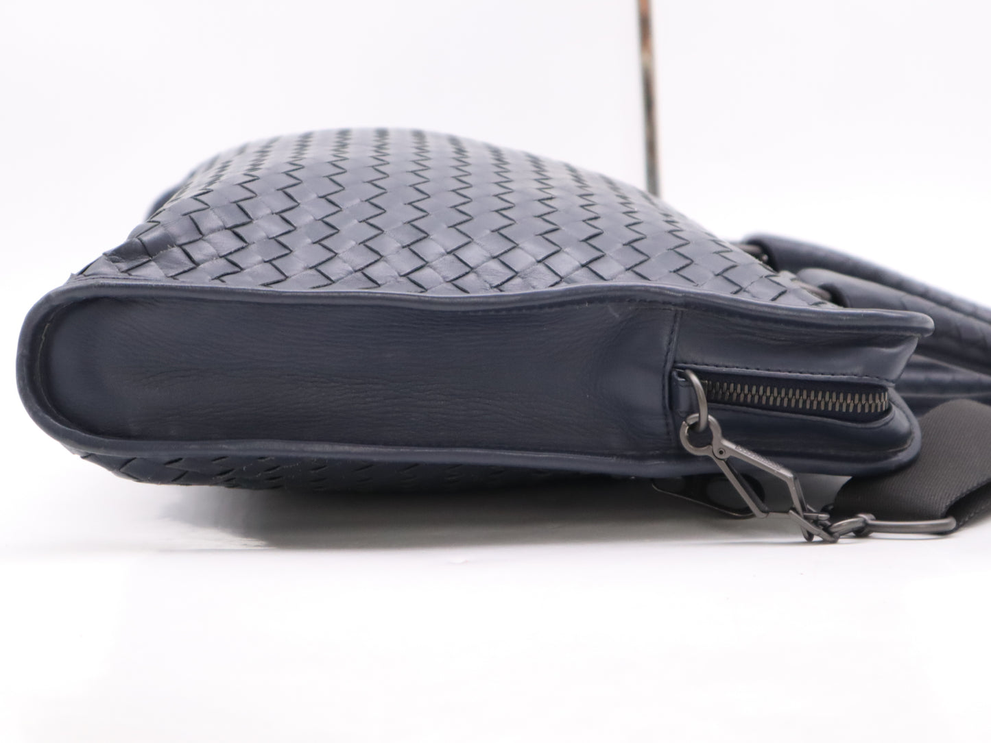 BOTTEGA VENETA Leather Intrecciato Business Bag, Blue, with Shoulder Strap