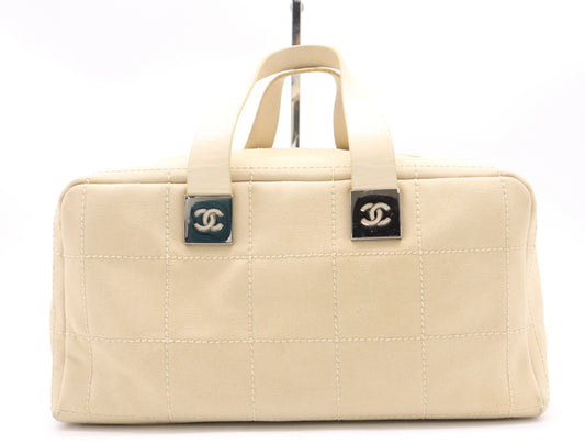 CHANEL Canvas/Leather Chocolate Bar Handbag, Beige, with Silver Hardware Seal, 8810611