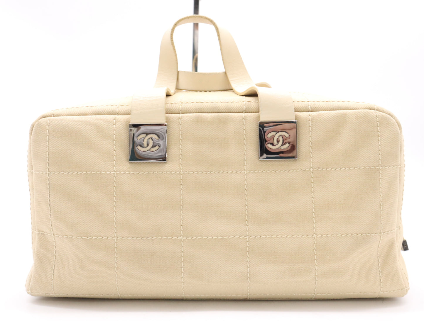 CHANEL Canvas/Leather Chocolate Bar Handbag, Beige, with Silver Hardware Seal, 8810611