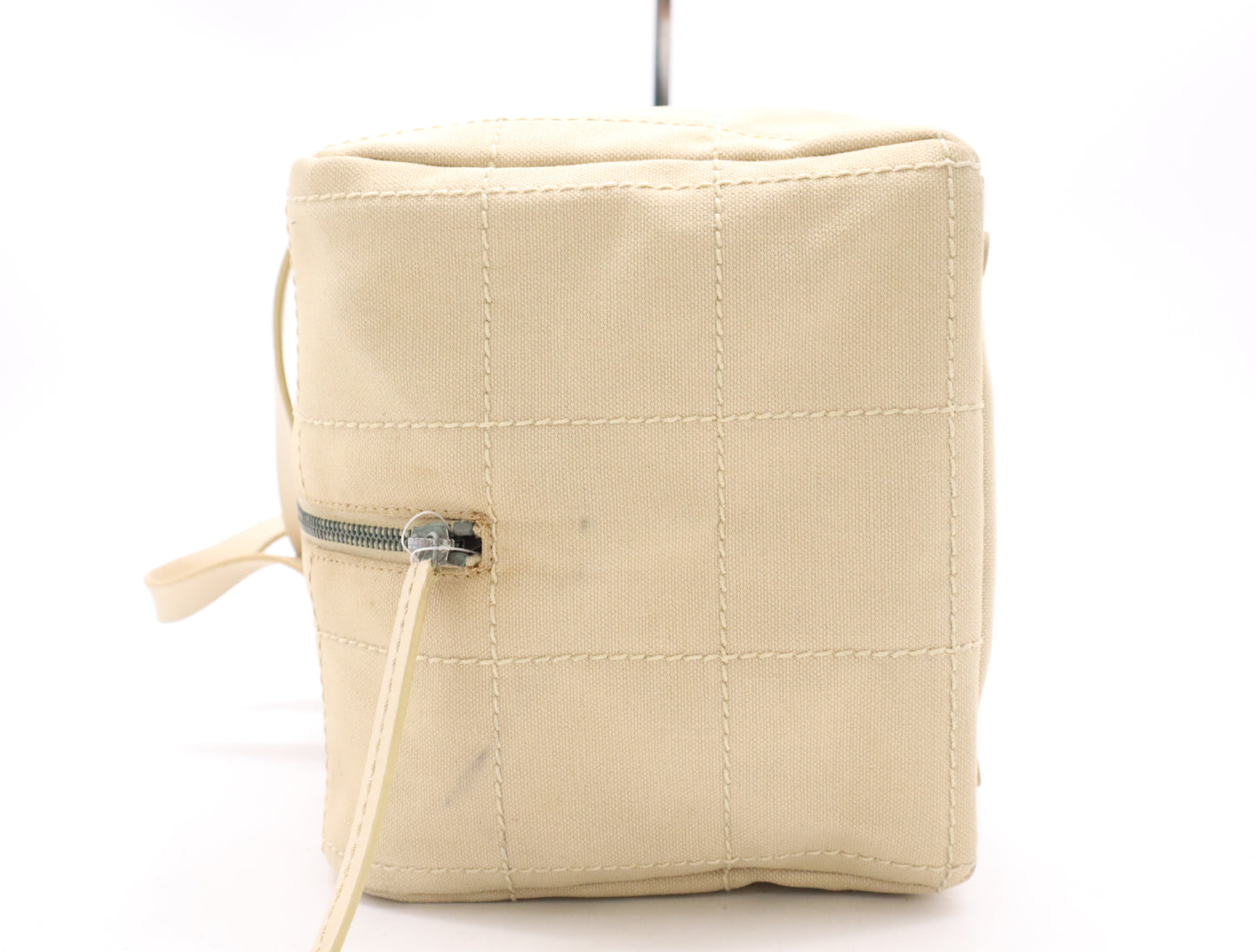 CHANEL Canvas/Leather Chocolate Bar Handbag, Beige, with Silver Hardware Seal, 8810611