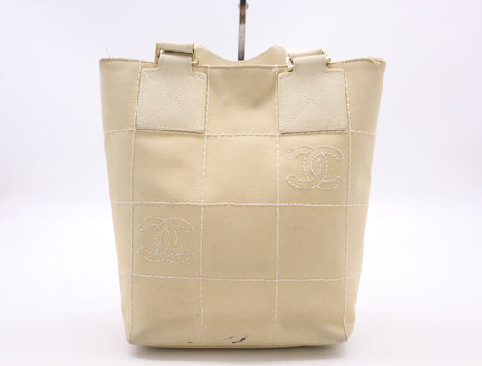 CHANEL Canvas Chocolate Bar Stitched Coco Mark Handbag, Beige, GD Hardware, Seal, 8243423 Handbag