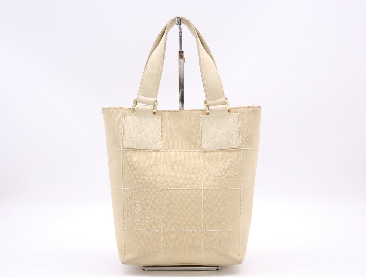 CHANEL Canvas Chocolate Bar Stitched Coco Mark Handbag, Beige, GD Hardware, Seal, 8243423 Handbag