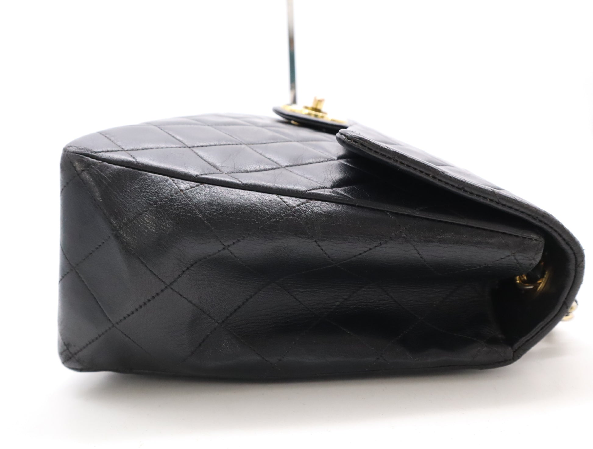 CHANEL Lambskin Deca Matelasse 34 S Flap Double Chain Turn Lock Gold Hardware Black Shoulder Bag