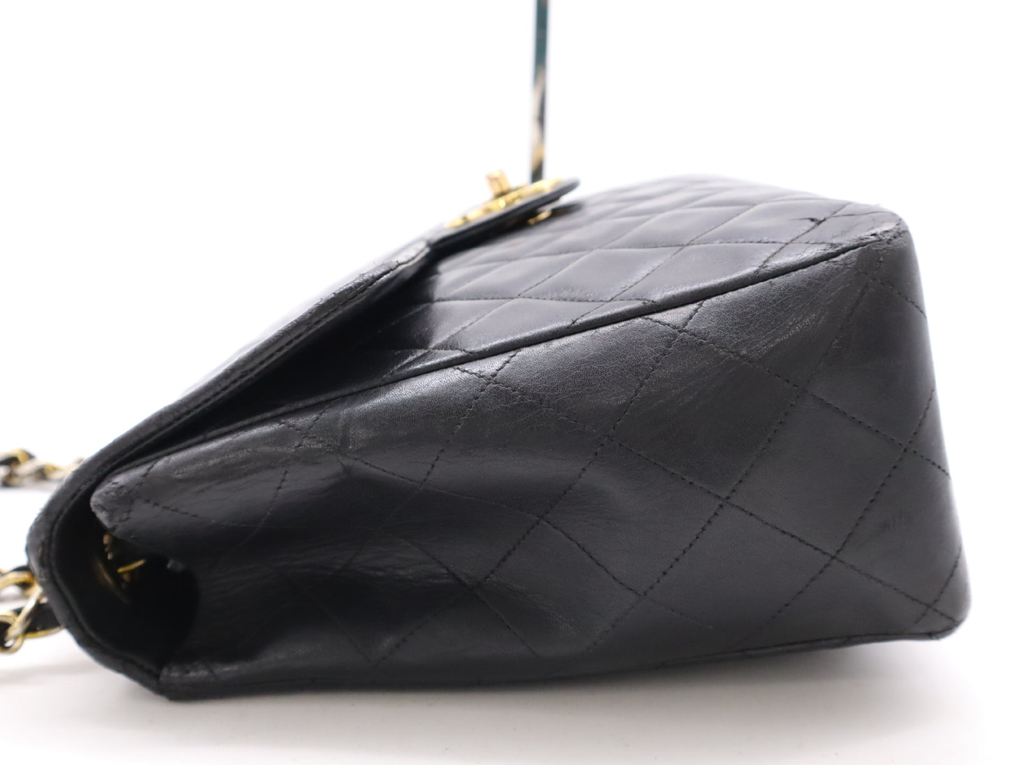 CHANEL Lambskin Deca Matelasse 34 S Flap Double Chain Turn Lock Gold Hardware Black Shoulder Bag