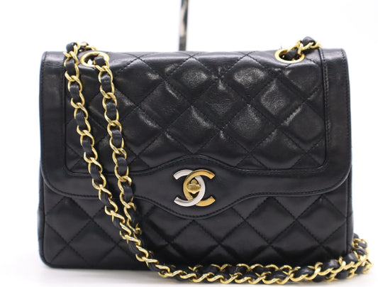 CHANEL Lambskin Matelasse 22 Paris Limited Edition Double Flap Double Chain Gold Hardware Black Shoulder Bag