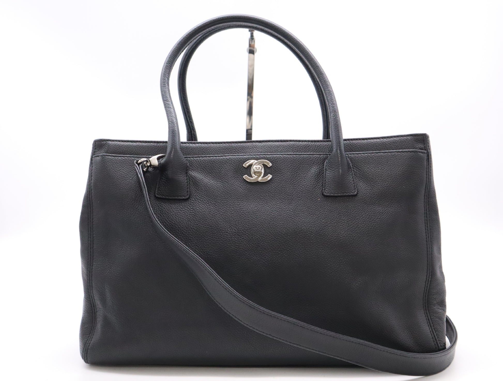 CHANEL Caviar Leather Executive Tote 2-Way Bag, Black, with Silver Hardware and Shoulder Strap