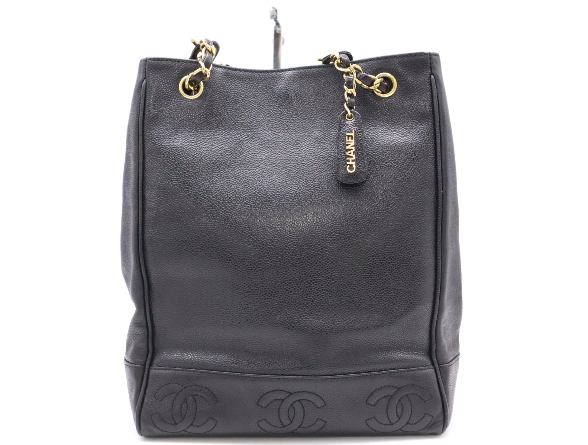 CHANEL Caviar Skin Triple Coco Chain Tote Bag with GD Hardware, Black