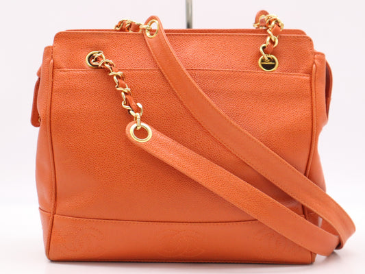 CHANEL Caviar Skin Triple Coco Mark Chain Tote Bag, Orange, GD Hardware, Seal, 4103638 Tote Bag
