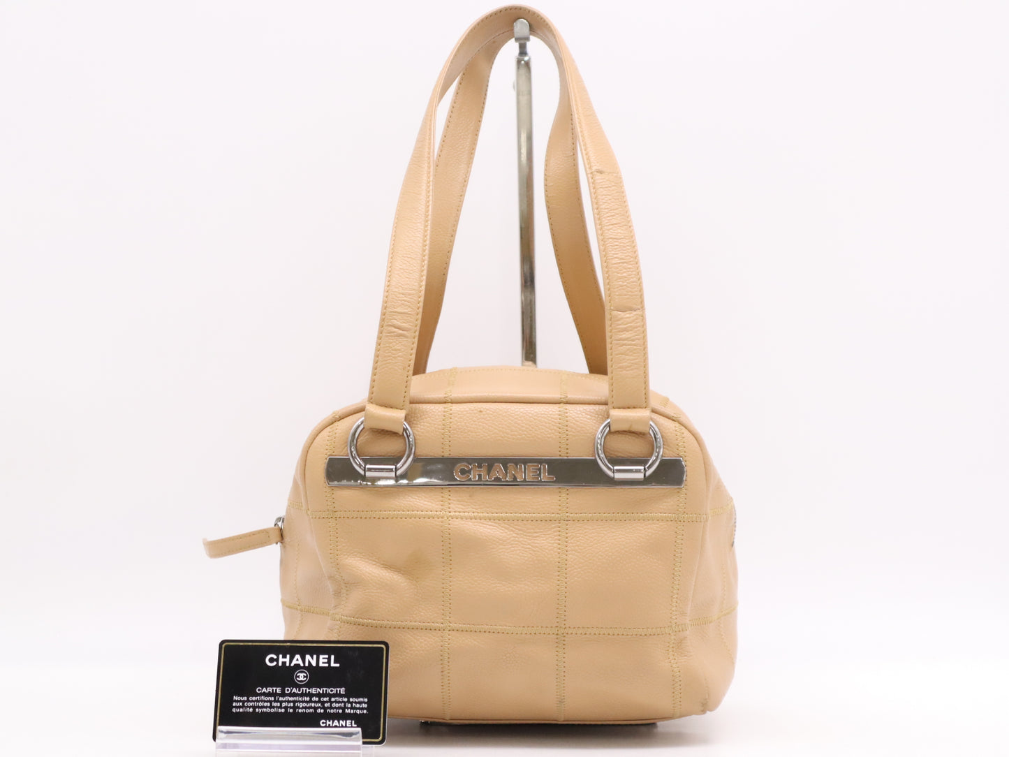 CHANEL Caviar Skin Chocolate Bar Tote Bag, Beige, Silver Hardware, Sticker, Card Included, 10103712, Handbag