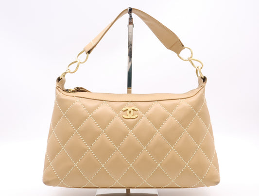 CHANEL Leather Wild Stitch One-Shoulder Bag, Beige, GD Hardware, Seal, 8019577 Shoulder Bag