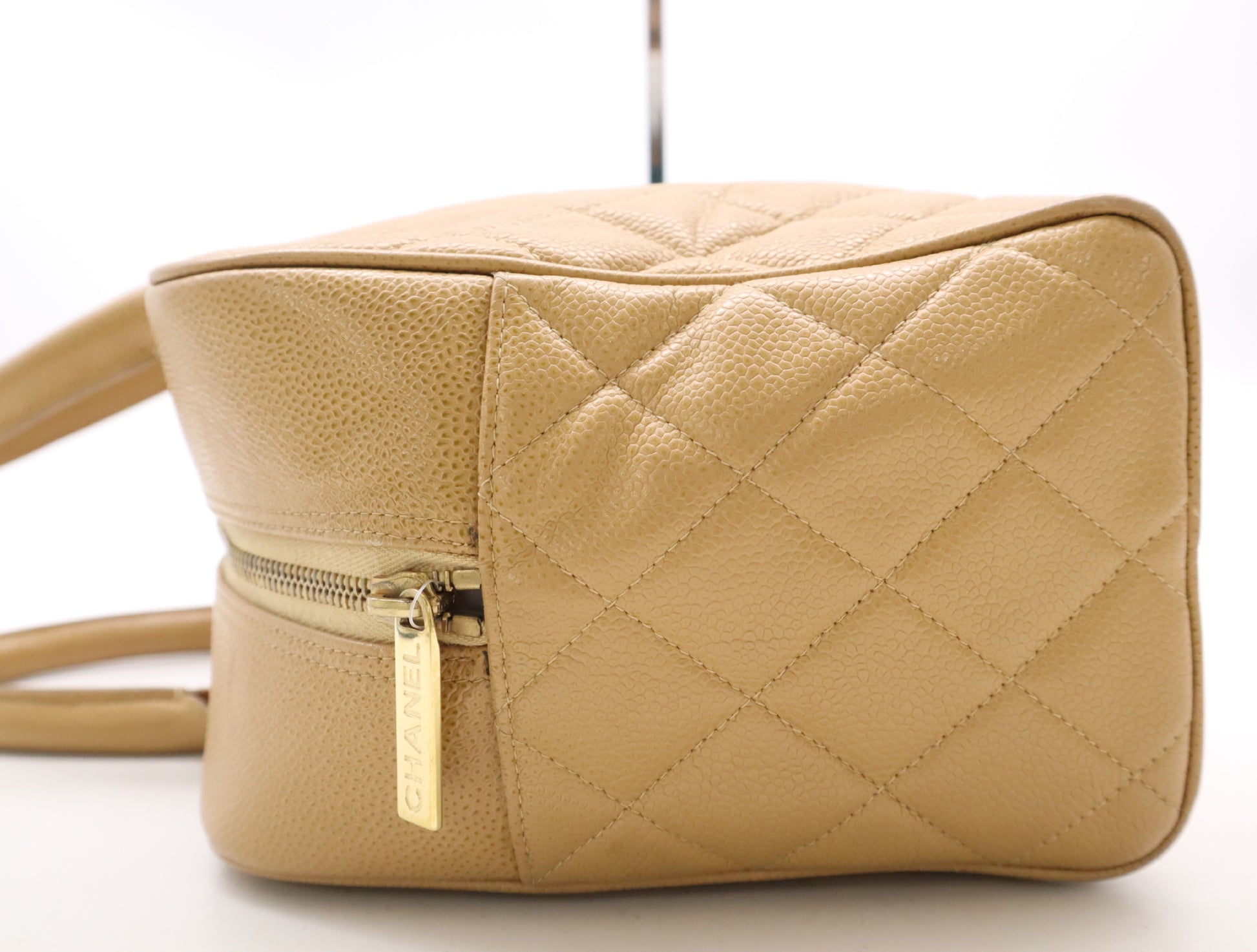 CHANEL Caviar Skin Matelasse Coco Mark Bowling Bag Handbag Beige GD Hardware Card Holder Sticker 8163900 Handbag