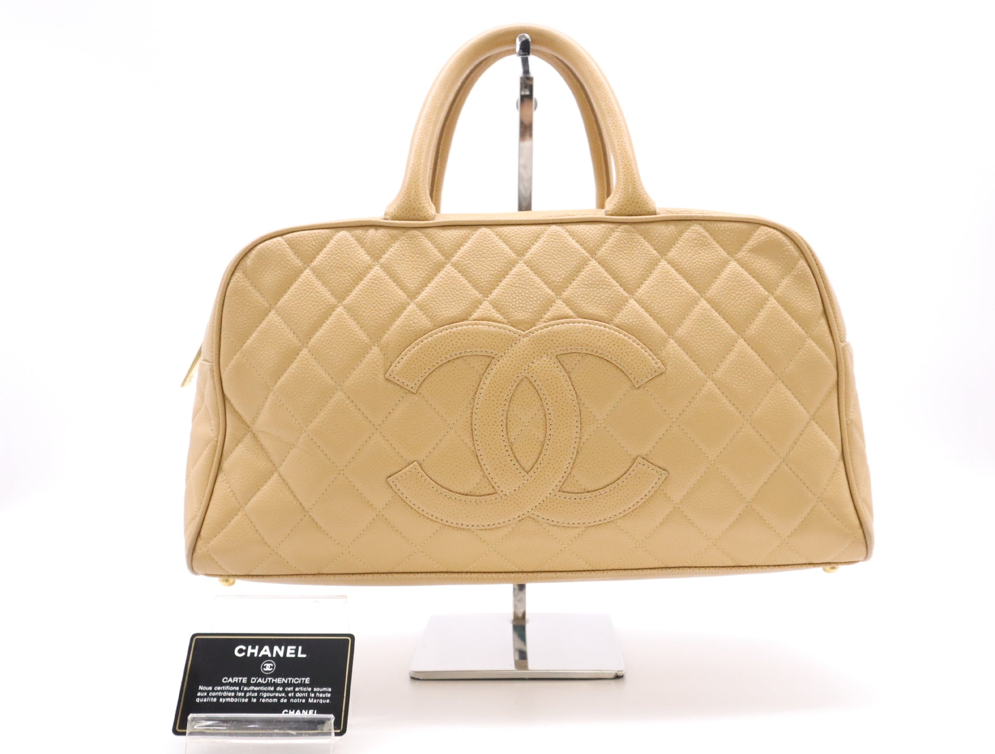 CHANEL Caviar Skin Matelasse Coco Mark Bowling Bag Handbag Beige GD Hardware Card Holder Sticker 8163900 Handbag