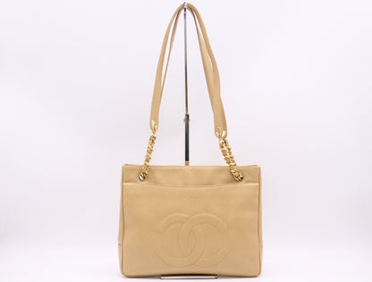 CHANEL Leather Coco Mark Chain Tote Bag Beige GD Hardware Tote Bag