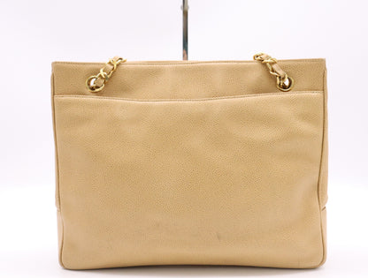CHANEL Leather Coco Mark Chain Tote Bag Beige GD Hardware Tote Bag