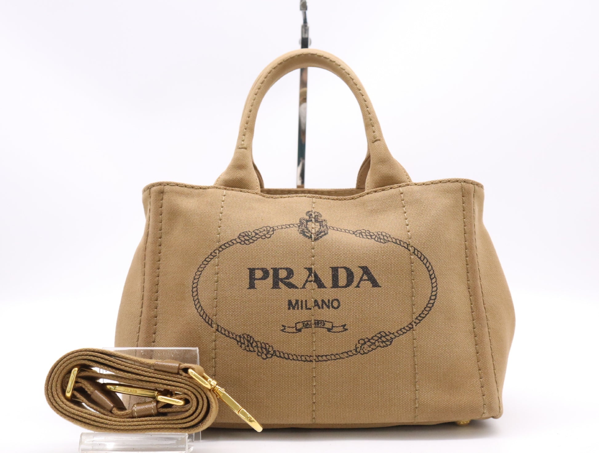 PRADA Canvas Canapa Tote Mini 2-Way Brown with GD Hardware and Shoulder Strap