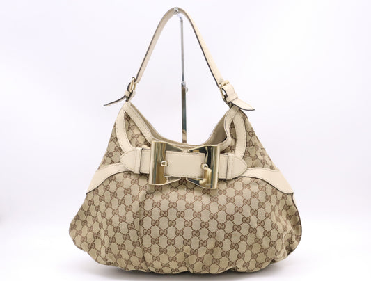GUCCI 189884 Canvas x Leather GG Canvas Queen Hobo Brown White Shoulder Bag