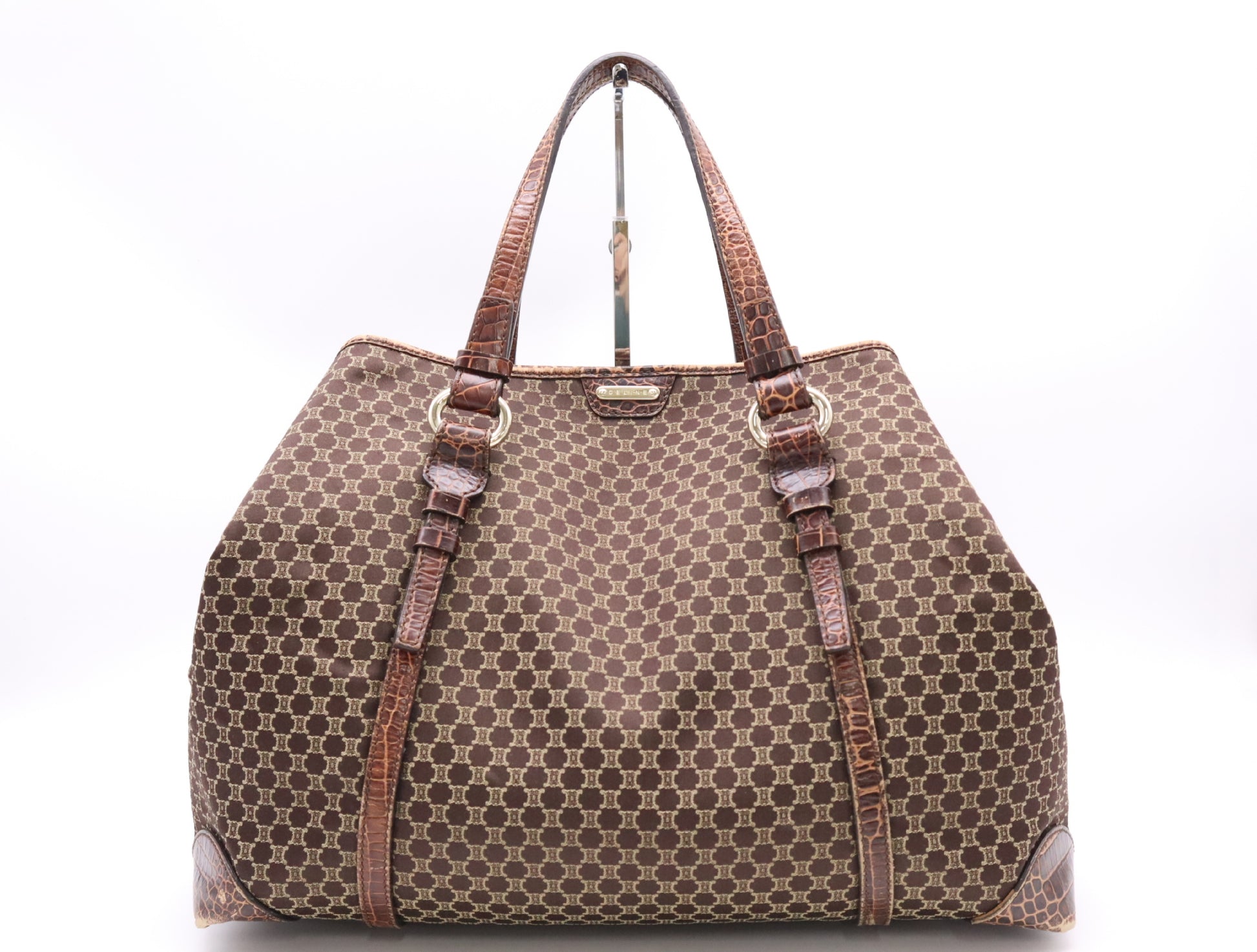 CELINE Canvas x Leather Macadam Crocodile Embossed Tote Bag Brown Tote Bag