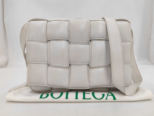 BOTTEGA VENETA 591970 Leather Padded Cassette Shoulder Bag in White with Sterling Silver Hardware and Dust Bag