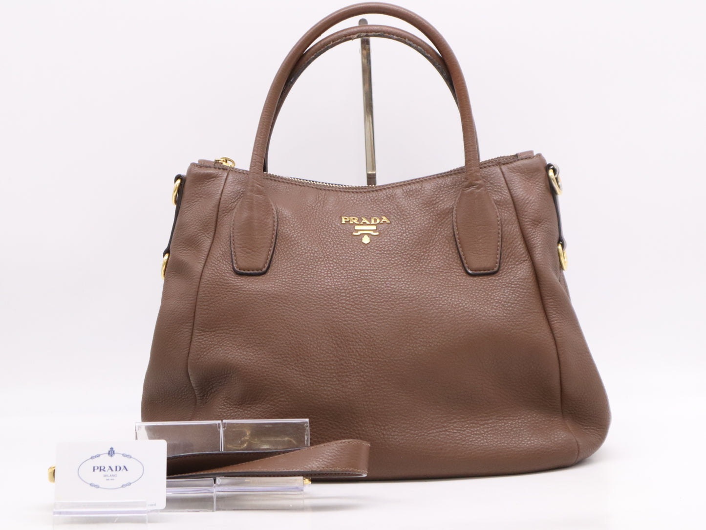 PRADA Leather Logo 2-Way Brown Handbag with GD Hardware and Shoulder Strap