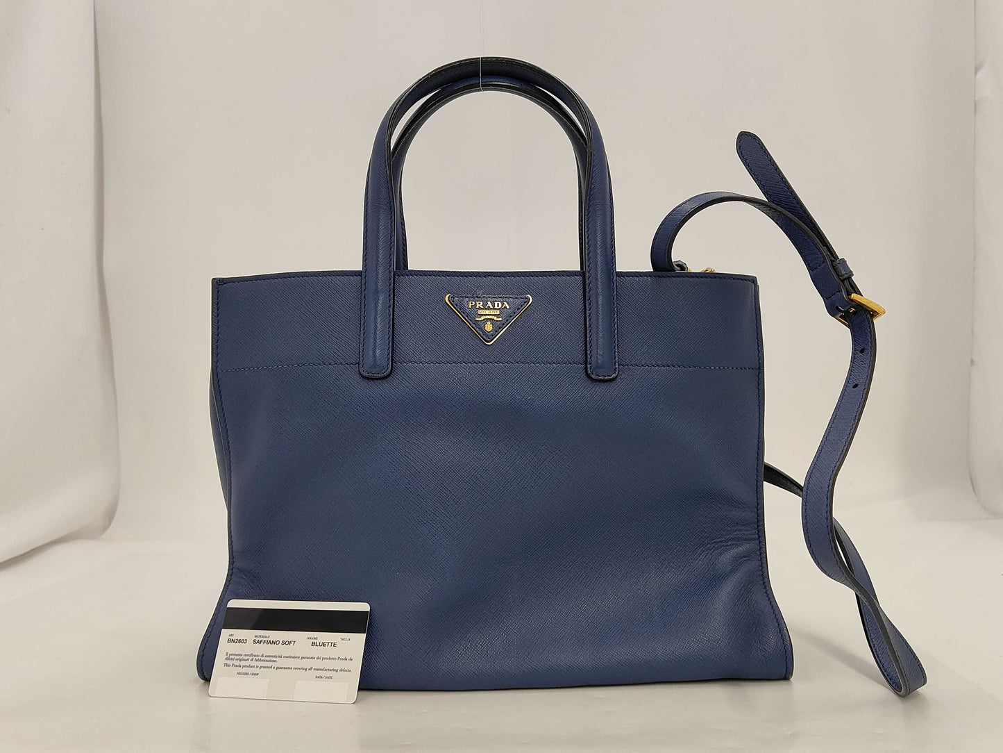 PRADA BN2603 Saffiano 2-Way Bag, Blue, Gold Hardware, Shoulder Strap, and Guarantee Card Included.
