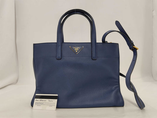 PRADA BN2603 Saffiano 2-Way Bag, Blue, Gold Hardware, Shoulder Strap, and Guarantee Card Included.