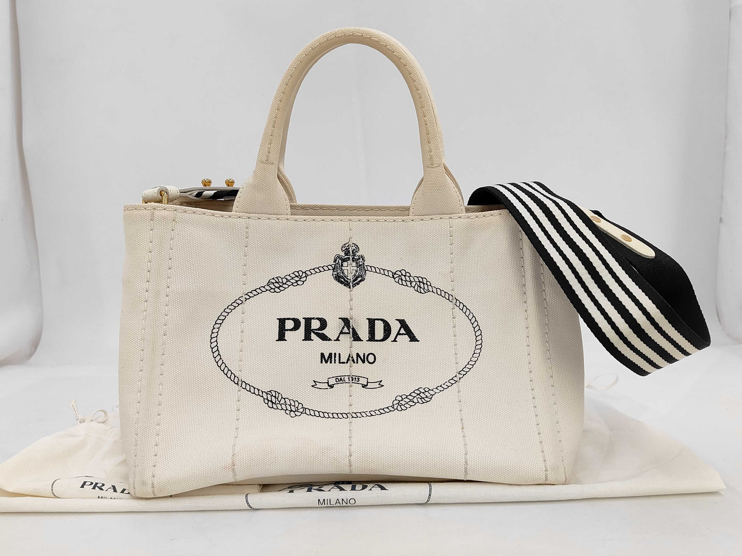 PRADA 1BG439 Canvas Mini Canapa Tote, 2-Way, with Shoulder Strap, Dust Bag x 2, and Guarantee Card