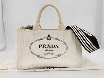 PRADA 1BG439 Canvas Mini Canapa Tote, 2-Way, with Shoulder Strap, Dust Bag x 2, and Guarantee Card