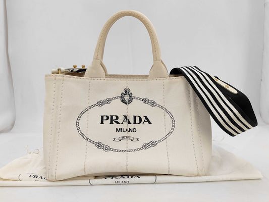 PRADA 1BG439 Canvas Mini Canapa Tote, 2-Way, with Shoulder Strap, Dust Bag x 2, and Guarantee Card