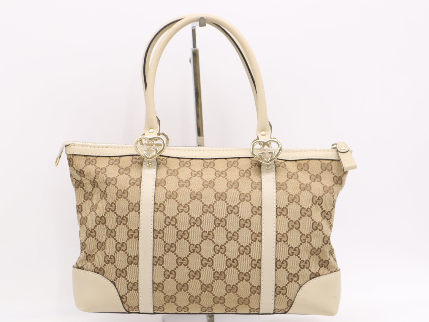 GUCCI 257069 Canvas/Leather Lovely Tote Bag Beige White Tote Bag