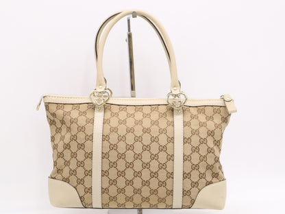 GUCCI 257069 Canvas/Leather Lovely Tote Bag Beige White Tote Bag