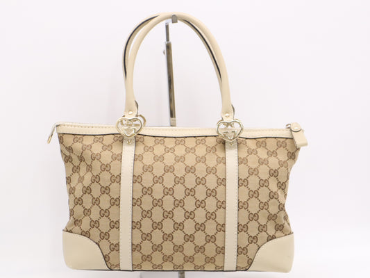GUCCI 257069 Canvas/Leather Lovely Tote Bag Beige White Tote Bag
