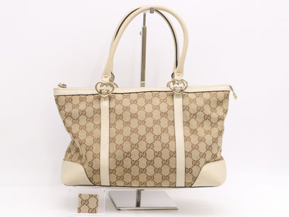 GUCCI 257069 Canvas/Leather Lovely Tote Bag Beige White Tote Bag