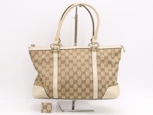 GUCCI 257069 Canvas/Leather Lovely Tote Bag Beige White Tote Bag