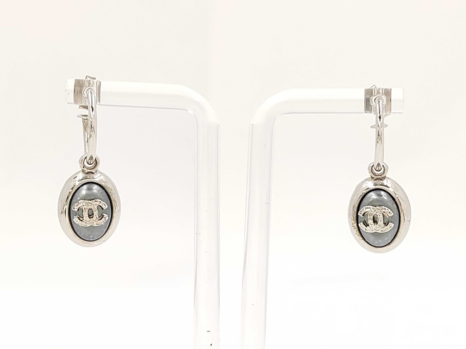 CHANEL Coco Mark Pearl Swing Silver Earrings